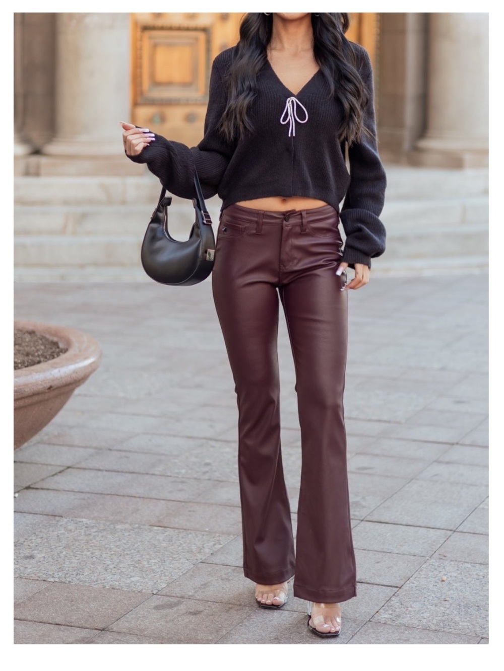 🟤NWT KANCAN Faux Leather Stretchy Bootcut Pants in Wine